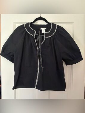 H&M Black Blouse with White Scallop Trim and Front Tie